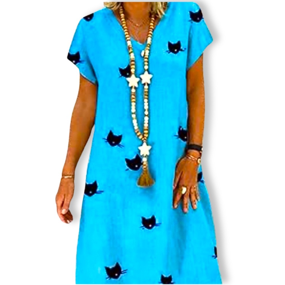 MISSLOOK DRESS Lightweight Casual V Neck Blue Black Cat Faces Womens SZ XL